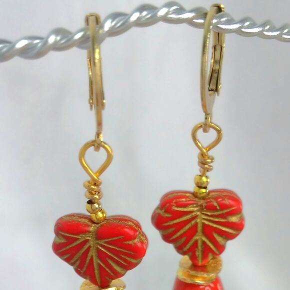 Czech Glass Earrings Artisan Made Leaf Murano Glass Beaded Red Orange Dangle NEW - Picture 8 of 10